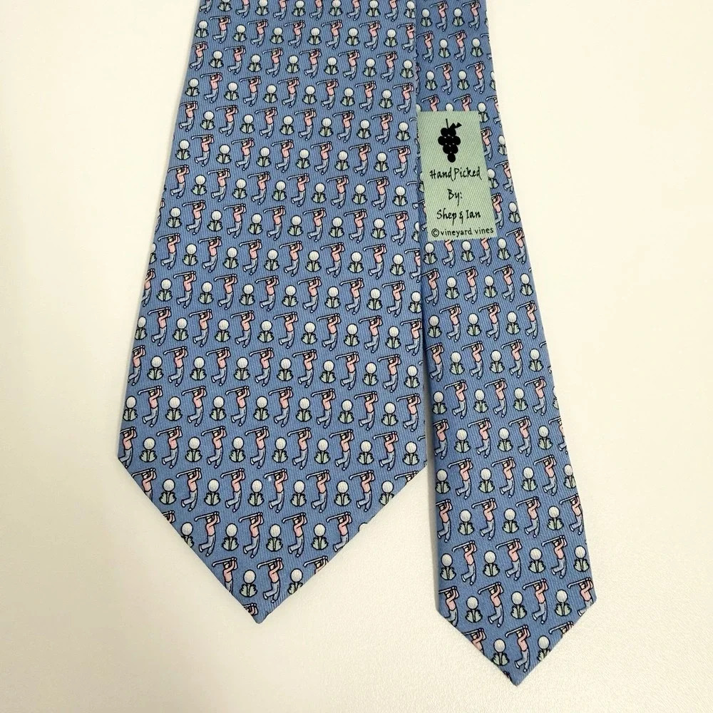 Vineyard Vines Boys Tie Golfers & Tees Blue/Pink Satin Silk USA 3 1/8